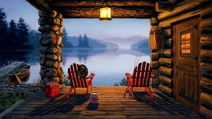 Fishing Cabin, trees, fishing, lake, cabin, 3d and abstract, HD wallpaper