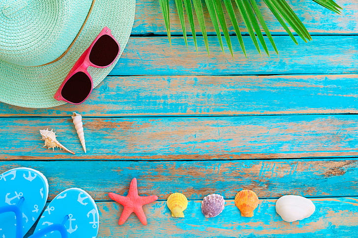 sand, beach, background, stay, Board, star, hat, glasses, shell, summer, vacation, wood, marine, starfish, seashells, HD wallpaper