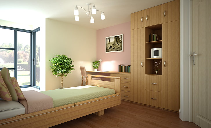 โครงเตียงไม้สีน้ำตาลตกแต่งภายในออกแบบสไตล์บ้านบ้านห้องนั่งเล่นห้องนอน, วอลล์เปเปอร์ HD