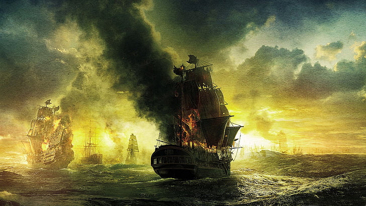 art, battles, caribbean, fantasy, fire, galleon, ocean, pirates, sea, ships, war, HD wallpaper