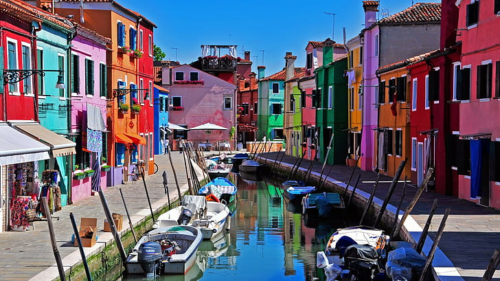 Venezia, Italia, isola di Burano, Italia, cielo, barca, case, Venezia, canale, isola di Burano, Sfondo HD