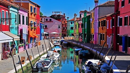 Venise, Italie, île de Burano, Italie, ciel, bateau, maisons, Venise, canal, île de Burano, Fond d'écran HD HD wallpaper