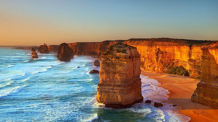 Australia, playa, piedra caliza, roca, doce apóstoles, mar, acantilado, arena, costa, olas, agua, puesta de sol, naturaleza, paisaje, Fondo de pantalla HD