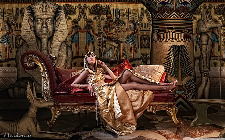 chaise longue rouge et or, Egypte, Fond d'écran HD