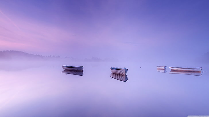 paysage, lac, brume, violet, bateau, calme, reflet, eaux calmes, Fond d'écran HD
