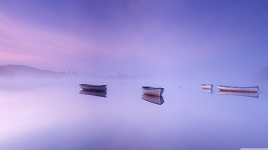 paysage, lac, brume, violet, bateau, calme, reflet, eaux calmes, Fond d'écran HD HD wallpaper