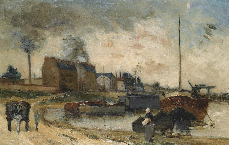 landscape, boat, smoke, picture, pipe, factory, Paul Gauguin, The Factory on the Quay of Grenelle, HD wallpaper