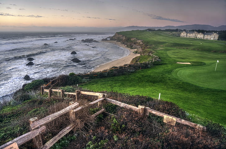 body of water and golf field, Chilling, body of water, golf, field, Half Moon Bay  California, The Ritz-Carlton, Ritz-Carlton, golf course, fence, grass  green, cloudy, clouds, day, dusk, NEX-6, SEL-P1650, RAW, HDR, Photomatix, outdoor, sky, cloud, water  waves, sunset, shoreline  park, Quality, HDR Photography, serene, waterfront, landscape, sea  shore, Pacific Coast, sea, nature, coastline, beach, HD wallpaper