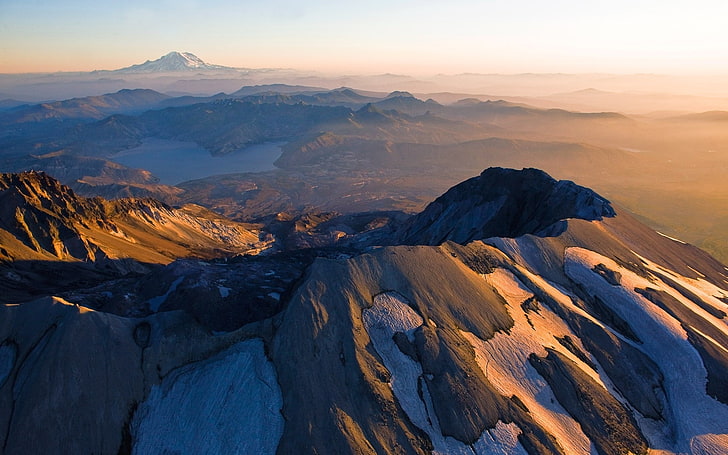 Aerial View, lake, landscape, mist, Morning, Mount St. Helens, mountain, nature, Snowy Peak, sunrise, volcano, Washington State, HD wallpaper