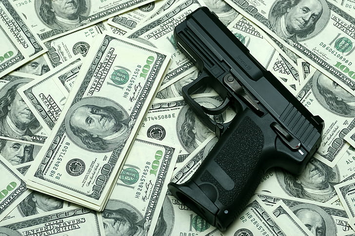 pistola, dinero, dólares, Fondo de pantalla HD