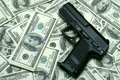 пистолет, деньги, доллары, HD обои HD wallpaper