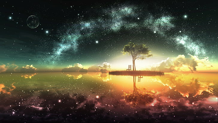 reflexión, puesta de sol, nubes, arte digital, silla, cielo, anime, Luna, agua, arte de fantasía, bonsai, arte espacial, estrellas, obra de arte, isla, árboles, Fondo de pantalla HD