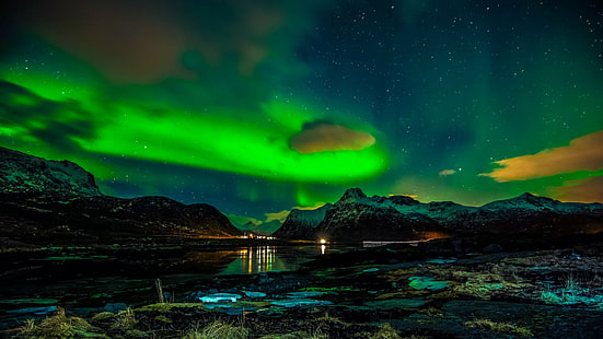 manzara, yıldızlar, avrupa, norveç, yıldızlı gece, gece gökyüzü, yıldızlı gökyüzü, kutup ışıkları, gece yarısı, kuzey ışıkları, gece, su, fenomen, gökyüzü, atmosfer, HD masaüstü duvar kağıdı HD wallpaper