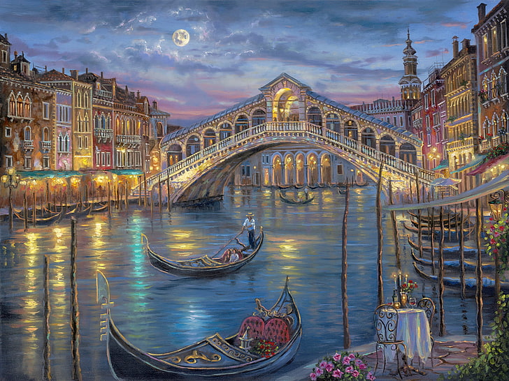 boats passing bridge painting, flowers, night, bridge, the moon, romance, candles, Italy, Venice, channel, painting, Robert Finale, table, the gondola, The Grand canal, Last Night on the Grand Canal, HD wallpaper