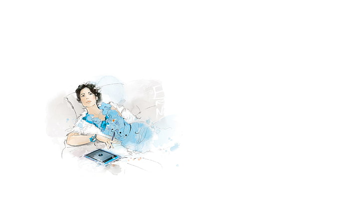 женская верхняя иллюстрация, взгляд, девушка, мечтательность, подушка, платье, браслет, планшет, мечтательность, HD обои