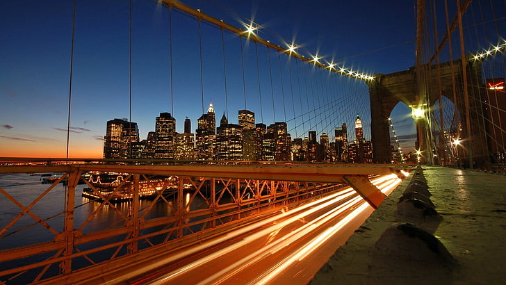 photography of bridge, city, cityscape, clouds, skyscraper, New York City, long exposure, night, lights, traffic, HD wallpaper