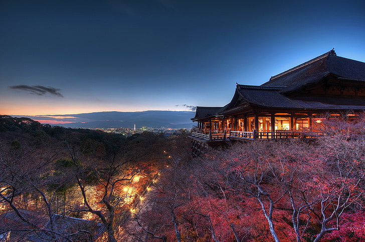 Templos, Japón, Kiyomizu-Dera, Kioto, Noche, Fondo de pantalla HD