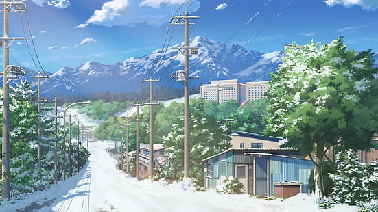 аниме, урбан, горы, деревья, HD обои HD wallpaper