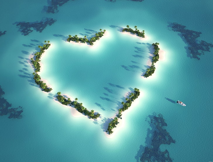 heart-shaped green island, heart, palm, island, height, trees, tropics, HD wallpaper