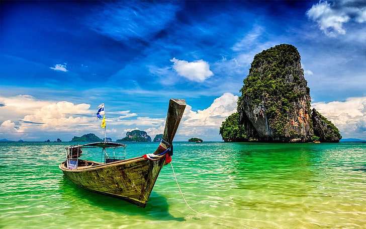 Pranang Beach E Rock Krabi Thailand Long Tail Boat Su Una Spiaggia Tropicale Wallpaper Alta Risoluzione 3840 × 2400, Sfondo HD