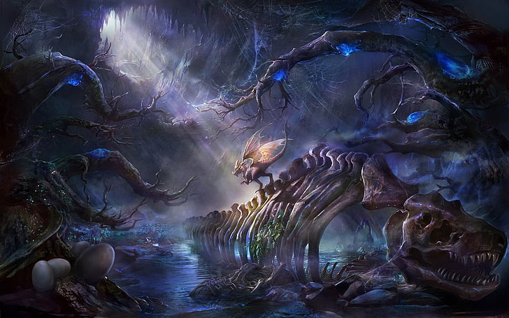 papel de parede de esqueleto de monstro, arte de fantasia, dragão, ossos, HD papel de parede