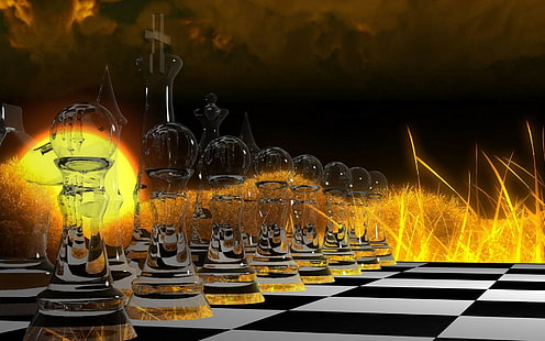Chess, game, strategy, fire, Chess, game, strategy, fire, glass, abstract, board, cell, black and white, figure, abstraction, HD wallpaper HD wallpaper
