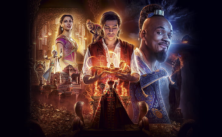 Film, Aladdin (2019), Aladdin, Jafar, Marwan Kenzari, Mena Massoud, Naomi Scott, Princess Jasmine, Will Smith, Sfondo HD