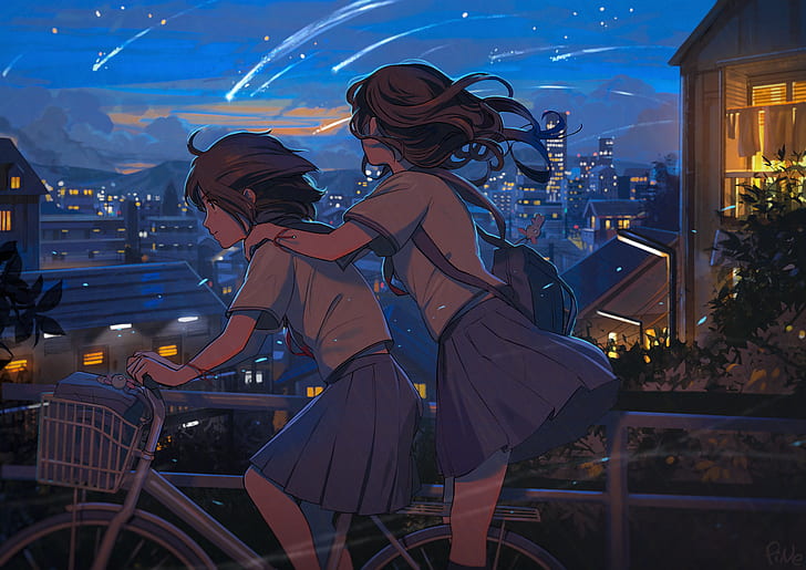 Anime, Original, Bike, City, Comet, Girl, Night, HD wallpaper |  Wallpaperbetter