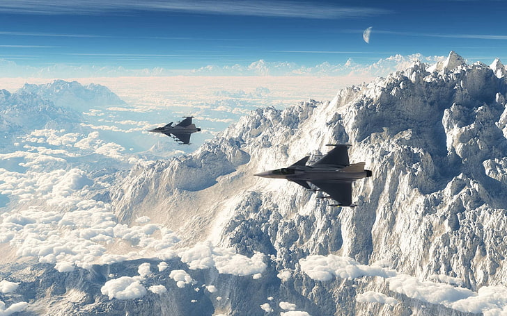 zwei graue Düsenflugzeuge, Düsenjäger, JAS-39 Gripen, Flugzeuge, Landschaft, Luftbild, Militär, Militärflugzeuge, HD-Hintergrundbild