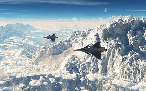zwei graue Düsenflugzeuge, Düsenjäger, JAS-39 Gripen, Flugzeuge, Landschaft, Luftbild, Militär, Militärflugzeuge, HD-Hintergrundbild HD wallpaper