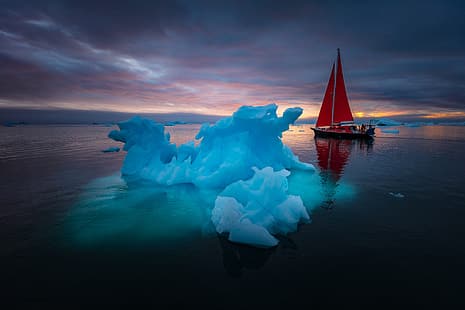 пейзаж, залез, отражение, океан, лодка, платноходка, лед, платна, Гренландия, HD тапет HD wallpaper