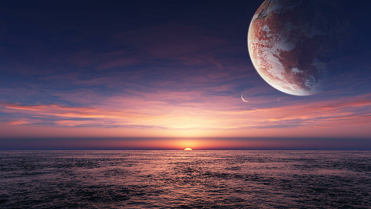 księżyc, morze, słońce, fantasy art, fantastyczny krajobraz, niebo, planeta, Tapety HD
