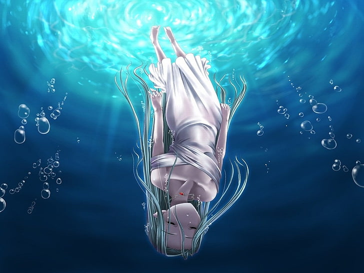 Аниме, оригинал, балон, момиче, под вода, с главата надолу, HD тапет