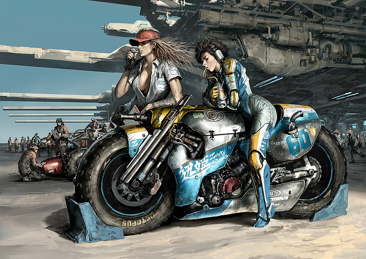 wanita yang duduk di atas lukisan sepeda motor, senjata, anak perempuan, ras, sepeda motor, menunggu, Seni, Wallpaper HD