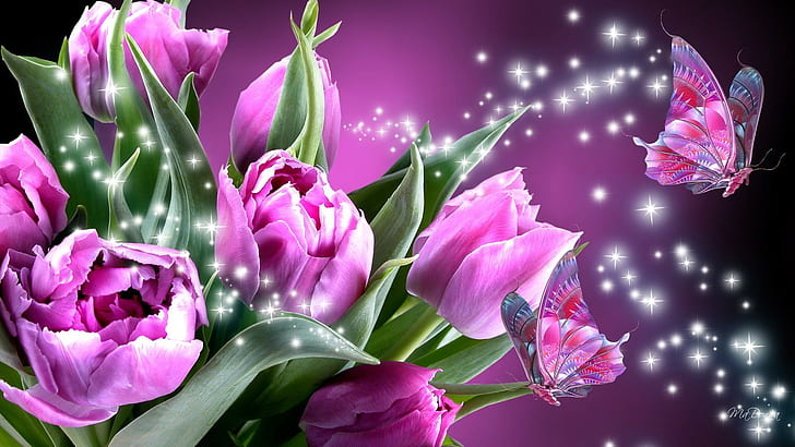 Romance Of Pink Butterflies, tulip, sparkle stars, bright, pink, peonies, spring, butterfy, purple, butterflies, summer, dazzle, HD wallpaper