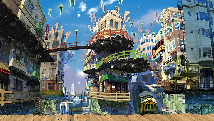 video game screenshot, anime, town, colorful, HD wallpaper