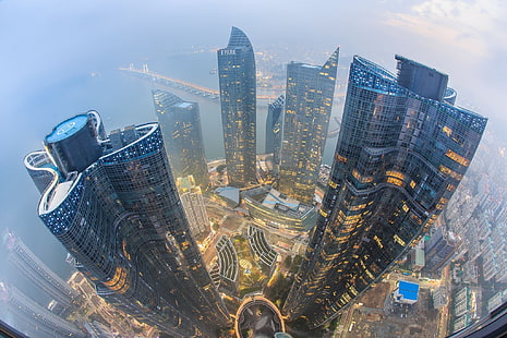vista panorámica de edificios, fotografía aérea de edificios de gran altura, ciudad, paisaje urbano, rascacielos, vista panorámica, Busan, Corea del Sur, lente ojo de pez, urbano, Fondo de pantalla HD HD wallpaper