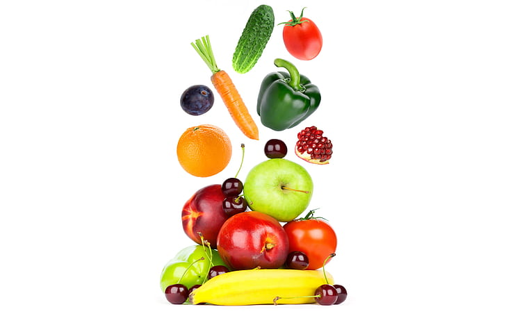 wiśnia, jabłka, pomarańcza, ogórek, białe tło, papryka, owoce, banan, warzywa, pomidory, marchew, granat, dren, Tapety HD