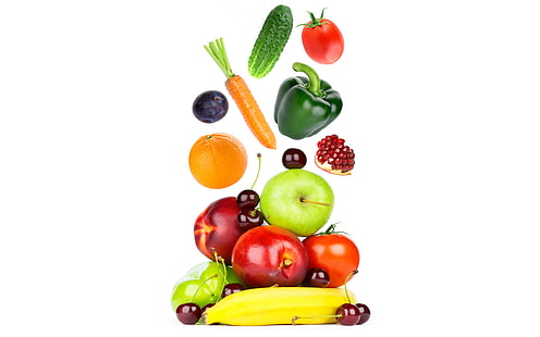Kirsche, Äpfel, Orange, Gurke, weißer Hintergrund, Pfeffer, Obst, Banane, Gemüse, Tomaten, Karotten, Granat, abtropfen lassen, HD-Hintergrundbild HD wallpaper
