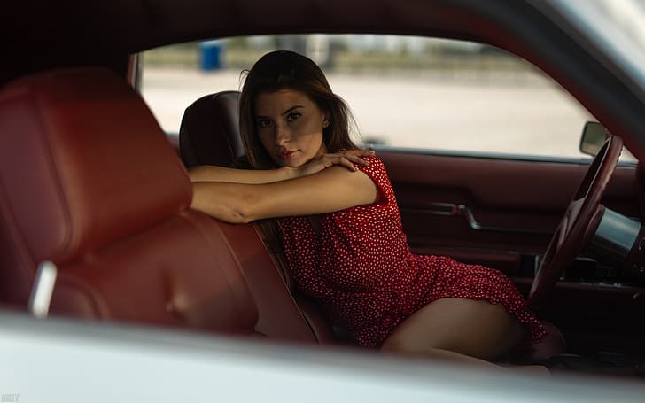 women, model, car interior, looking at viewer, car, vehicle, women with cars, steering wheel, red dress, dress, red clothing, thighs, Aleksey Burcev, HD wallpaper