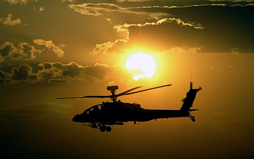 siluet wallpape digital helikopter, AH-64 Apache, matahari terbenam, helikopter, Wallpaper HD HD wallpaper
