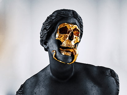 Статуя Златен зловещ череп HD, цифров / произведения на изкуството, череп, злато, зловещ, статуя, HD тапет HD wallpaper