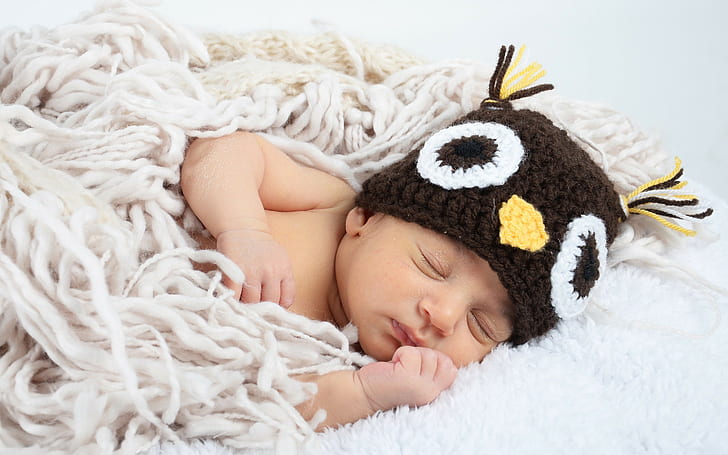 Детское личико, коричневая сова малыша, вязаная шапочка, детка, сладкое, лицо, малыш, младенец, HD обои