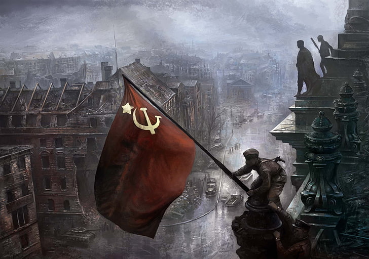 red and white flag, history, flag, painting, USSR, artwork, World War II, Berlin, HD wallpaper