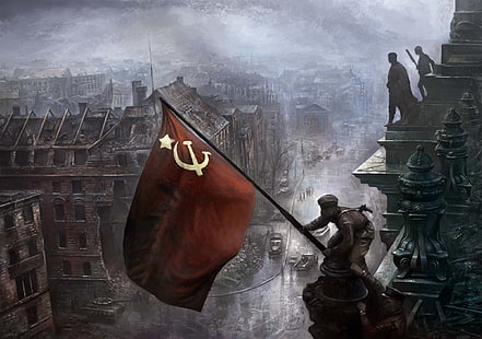 Bendera merah putih, sejarah, bendera, lukisan, Uni Soviet, karya seni, Perang Dunia II, Berlin, Wallpaper HD HD wallpaper