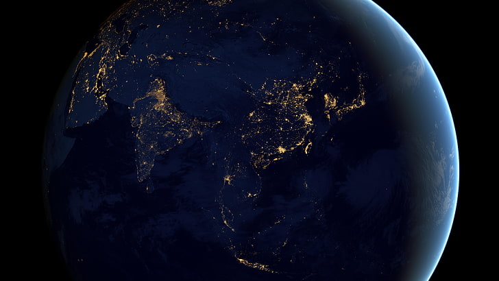 nacht, 8 karat, blauer marmor, weltkugel, welt, naturwissenschaft, satellit, verschmutzung, lichtschein, stadt, nasa, kontinent, ozean, china, indien, asien, HD-Hintergrundbild