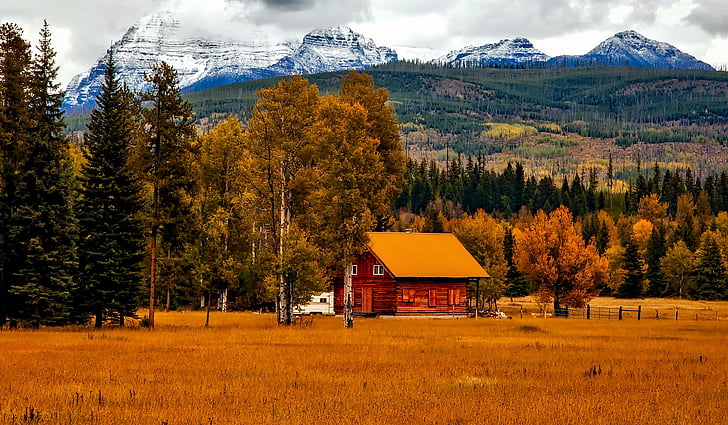 autumn, barn, colorado, colorful, cottage, country, countryside, dawn, fall, farm, foliage, forest, grass, home, house, landscape, mountain, outdoors, panorama, picturesque, scenic, season, snow, travel, HD wallpaper