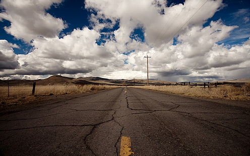 gray concrete road, nature, road, sky, landscape, clouds, HD wallpaper HD wallpaper