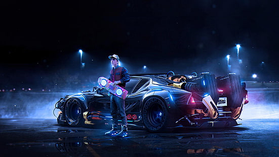 svart sportbil, bil, konst, tillbaka till framtiden, Marty McFly, HD tapet HD wallpaper