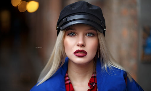 여자, 금발, 빨간 립스틱, 얼굴, Maksim Romanov, 피사계 심도, 인물, 블루 코트, HD 배경 화면 HD wallpaper